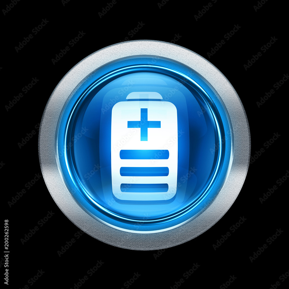 Battery icon blue with metallic edging. Isolated on black background. Battery icon blue with metallic edging. Isolated on black background.