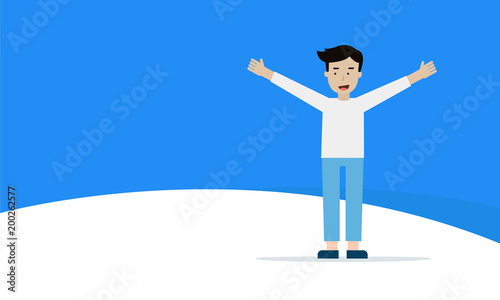 a happiness boy on blue background and copy space for text.