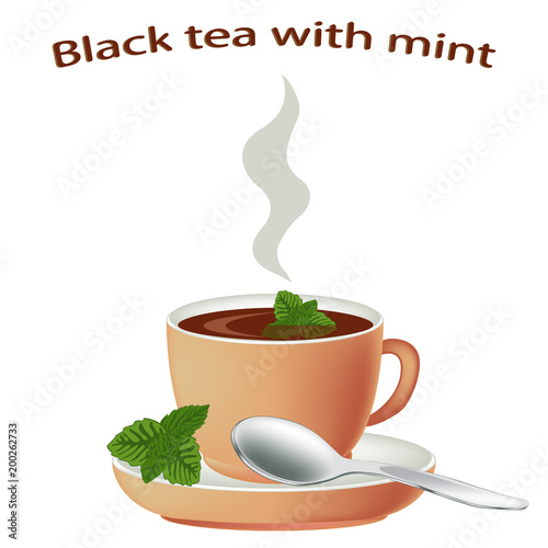 Black tea with mint or melissa. Cup of hot herbal tea with isolated on white background. Herbal tea in a porcelain cup. Vector illustration.