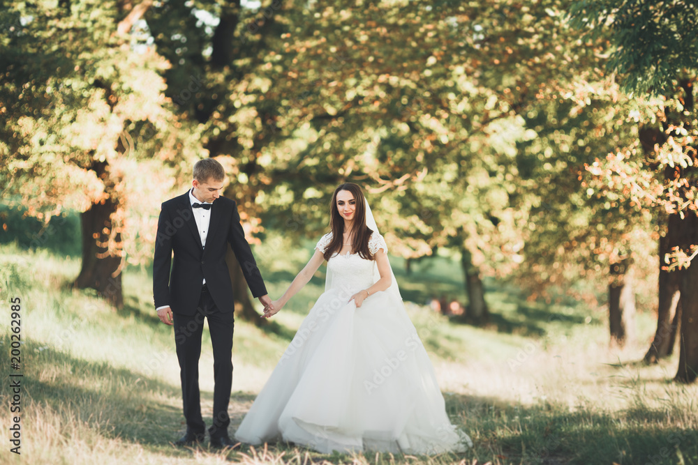 Newly married couple running and jumping in park while holding hands