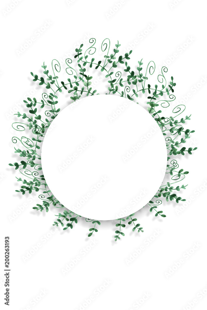 Round frame of watercolor painted green leaves on a white background. Isolated and space for your text. Round frame of watercolor painted green leaves on a white background. Isolated and space for your text.