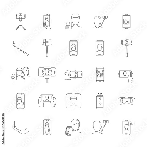 Selfie photo, people take photo with smartphone and monopod line vector icons set. Self photo and selfie with smartphone isolated illustration