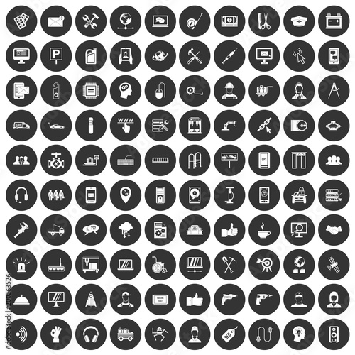 100 support icons set black circle