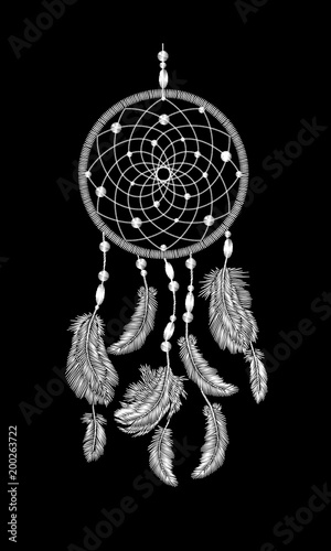 Embroidery boho native american indian dreamcatcher feathers. Clothes ethnic tribal fashion design dream catcher. Fashionable template vector illustration