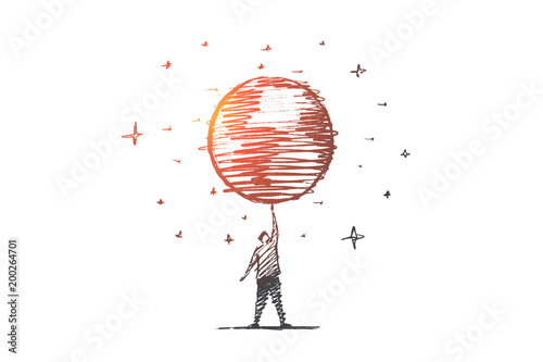 Hand drawn big globe spinning on mans finger