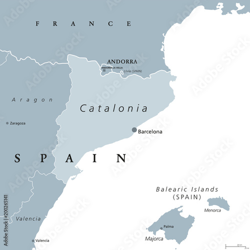 Catalonia political map with capital Barcelona and borders. Autonomous community of Spain on the northeastern extremity of Iberian Peninsula. English labeling. Gray illustration over white. Vector.