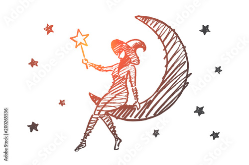 Hand drawn Halloween magic girl sitting on Moon
