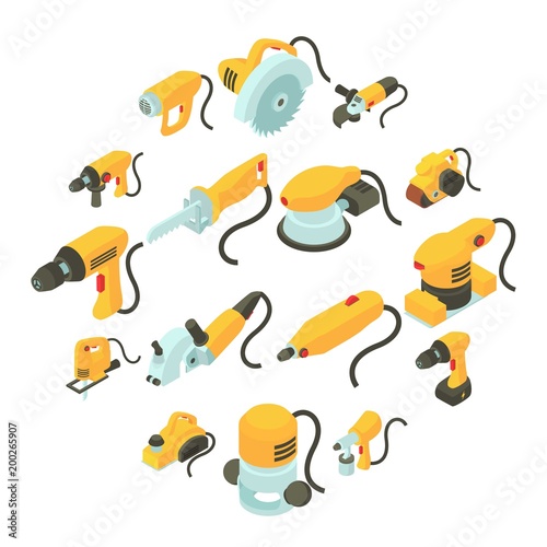 Electric tools icons set, isometric cartoon style
