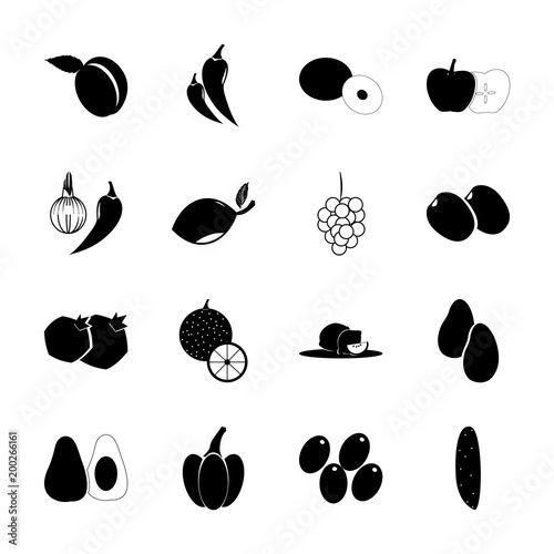 icon Fruits And Vegetables with fruit, coco, red pepper, vitamins and hot pepper