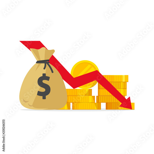 Money loss vector illustration, flat cartoon cash with down arrow stocks graph, concept of financial crisis, market fall, bankruptcy, budget recession, investment expenses, bad economy reduction