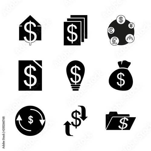 icon Currency with bank, buy, america, folder and bag