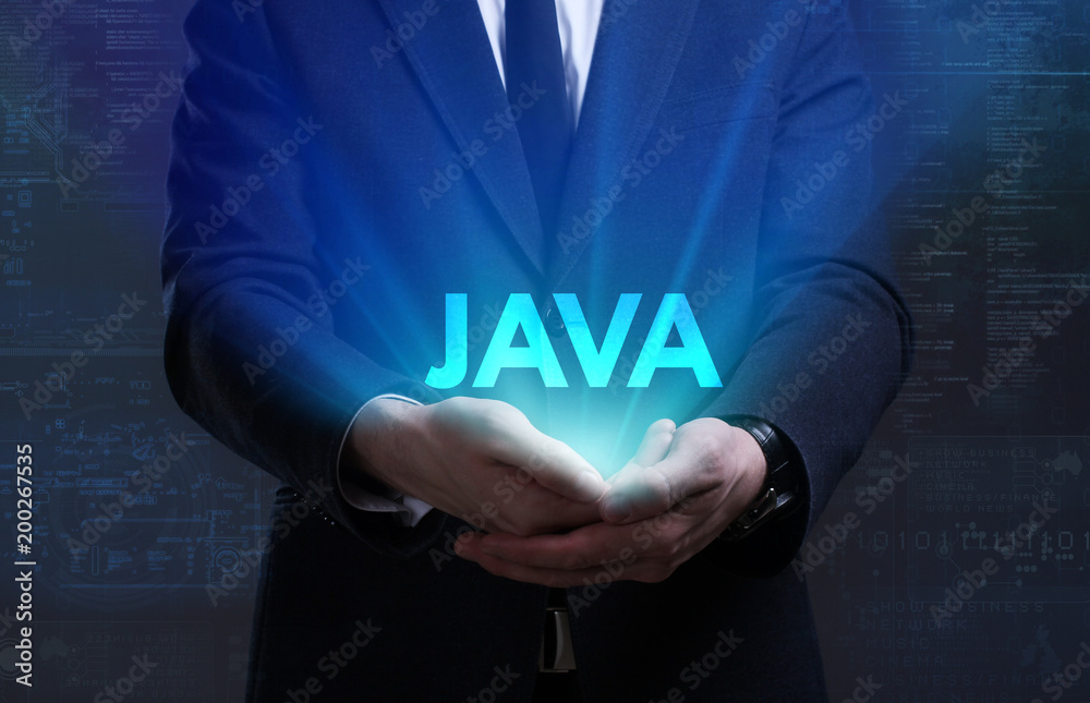 Business, Technology, Internet and network concept. Young businessman working on a virtual screen of the future and sees the inscription: Java Business, Technology, Internet and network concept. Young businessman working on a virtual screen of the future and sees the inscription: Java