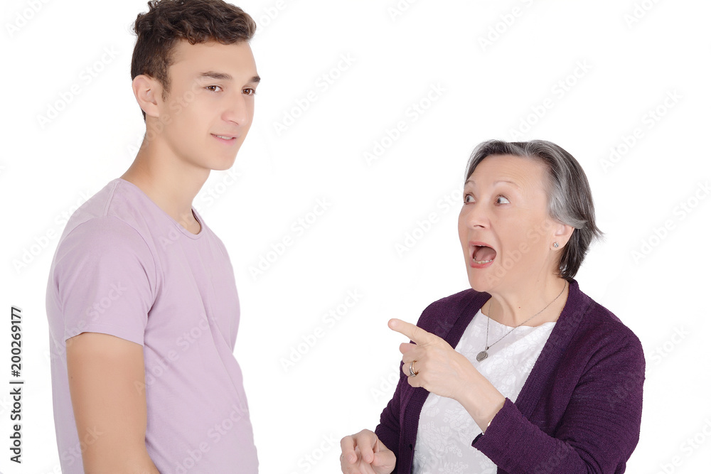 Grandmother arguing with her teenage grandson Grandmother arguing with her teenage grandson