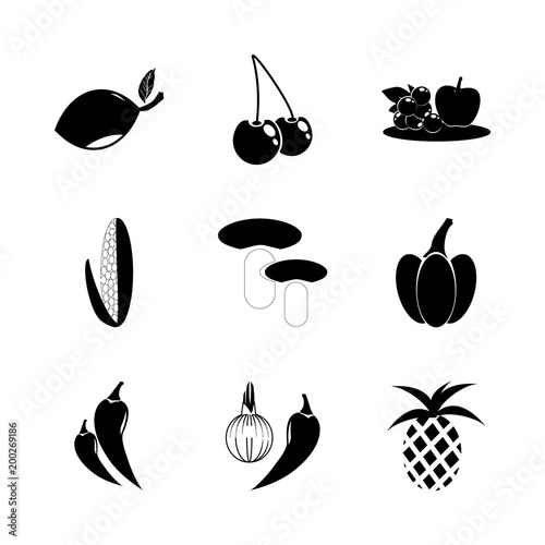 icon Fruits And Vegetables with lemon leave, lime, bulb onion, pepper and dredge corn