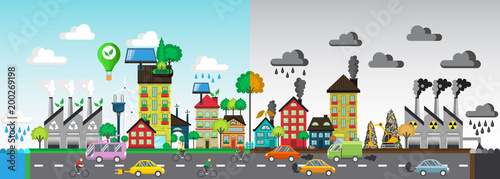 Green and polluted city. For diagram, web design,  brochure,  template,  layout, banner vector illustration