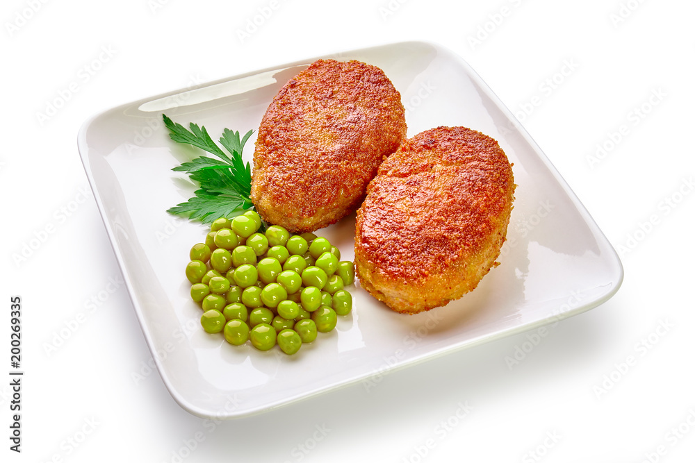 Fried breaded cutlet isolated on white background