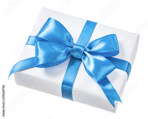 Wrapped white present box with blue bow isolated on white © mihalec