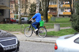 Mężczyzna na rowerze w miejskim parku z sadzonkami i konefką.