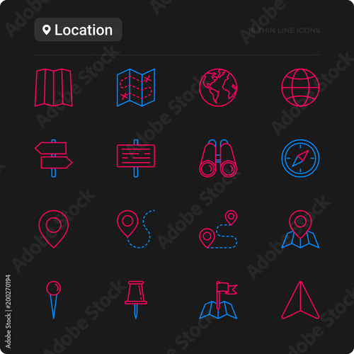 Location thin line icons set: pin, pointer, direction, route, compass, wall needle, cursor, navigation, gps, binoculars. Modern vector illustration for black theme.