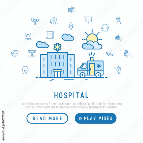 Hospital and ambulance concept with thin line icons for doctor's notation: neurologist, gastroenterologist, manual therapy, ophtalmologist, cardiology. Vector illustration, web page template.