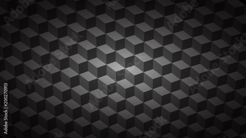 Abstract dark background of isometric cubes in shades of black and gray colors.