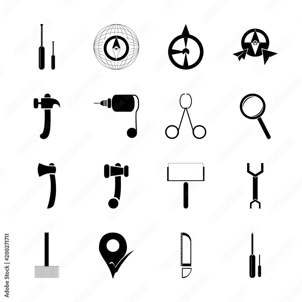 Fototapeta premium icon Instruments And Tools with loupe, location, pliers, mallet and assembly