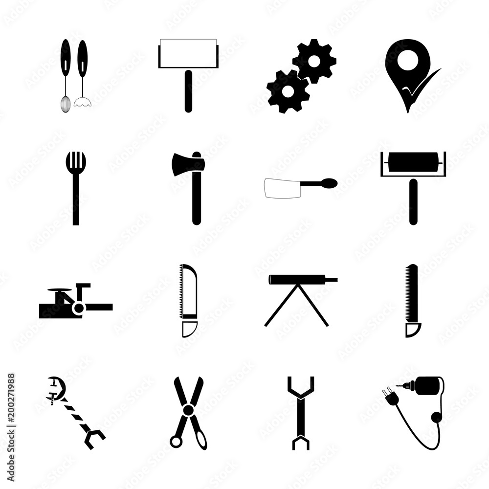 icon Instruments And Tools with drill bit, label, lens, industry and garden icon Instruments And Tools with drill bit, label, lens, industry and garden