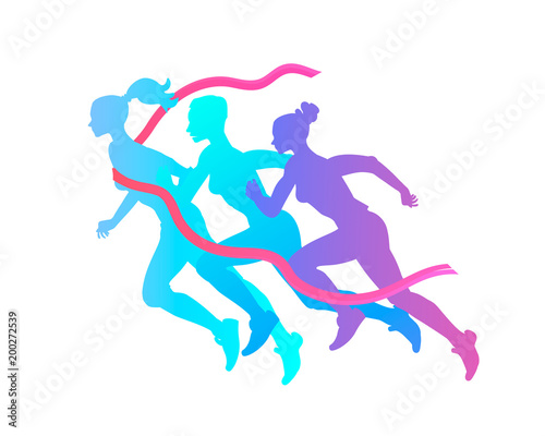 Three women silhouette run to victory  overcoming difficulties. Marathon  running to the finish.