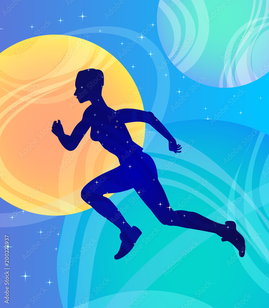 Running girl athlete in space, fantasy vector art. Strength, health, call to action and activity
