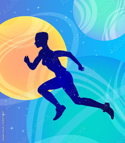 Running girl athlete in space, fantasy vector art. Strength, health, call to action and activity
