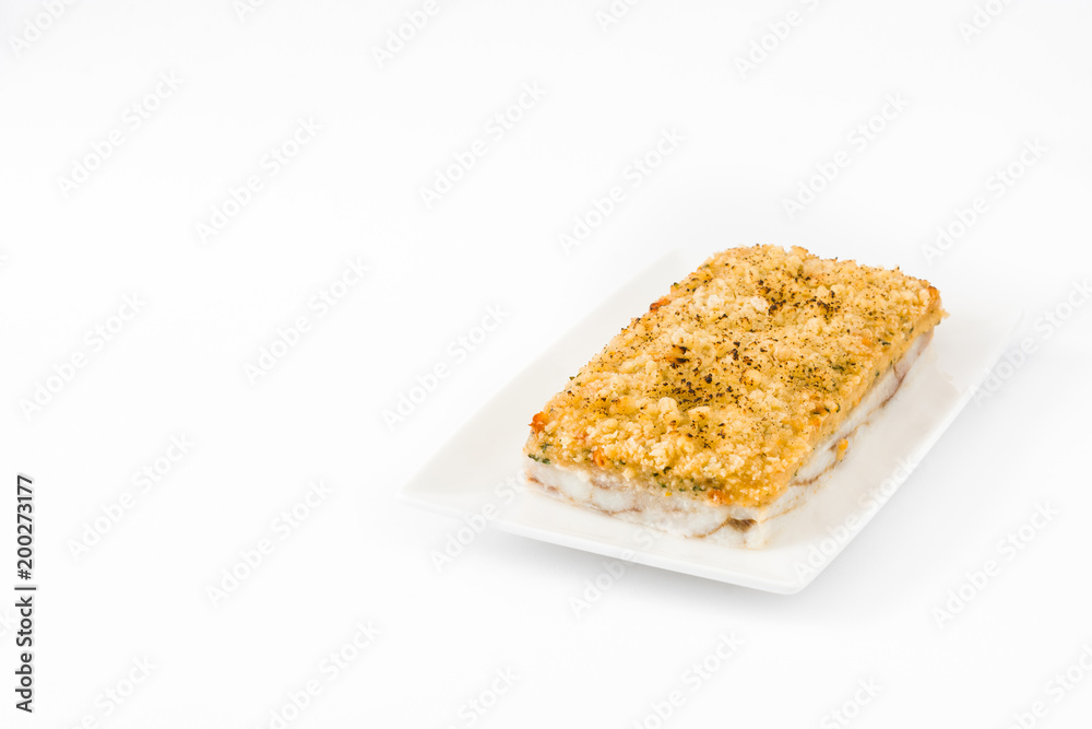 White fish casserole with cheese isolated on white background. Copyspace
White fish casserole with cheese isolated on white background. Copyspace