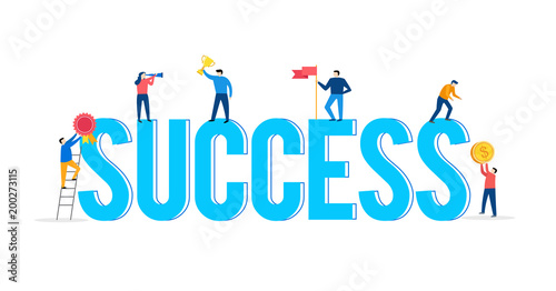 Success and achievements, concept scene with small people characters, teamwork