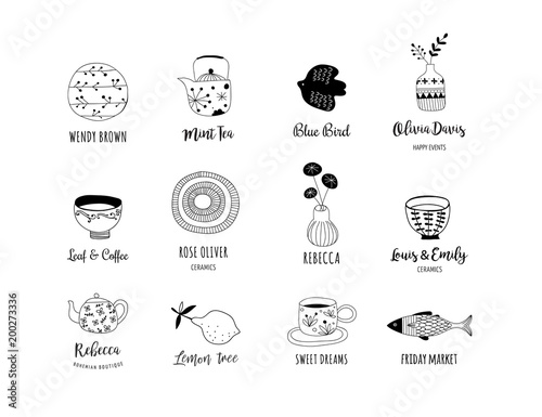 Simple, elegant and stylish collection of modern hand drawn kitchenware, japanese ceramics, logos and illustrations