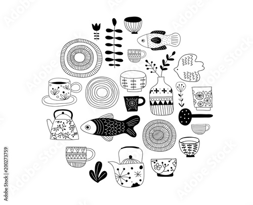 Simple, elegant and stylish collection of modern hand drawn kitchenware, japanese ceramics, logos and illustrations