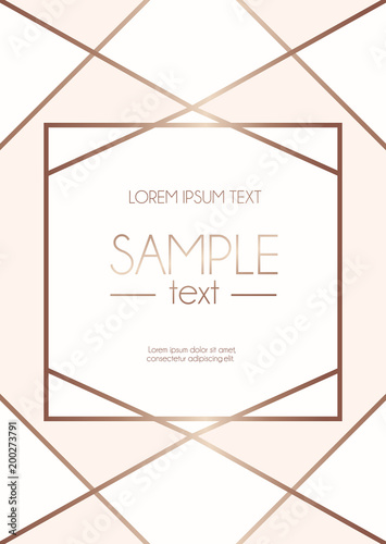 Geometric rose gold design template with blush pink and white abstract shapes. Modern design template for wedding invitation, greeting card, anniversary.  Vector illustration.