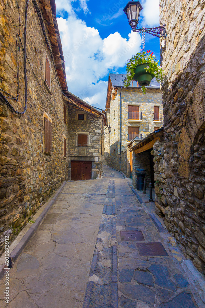 Ainsa medieval village of the Pyrenees with beautiful stone houses, Huesca, Spain