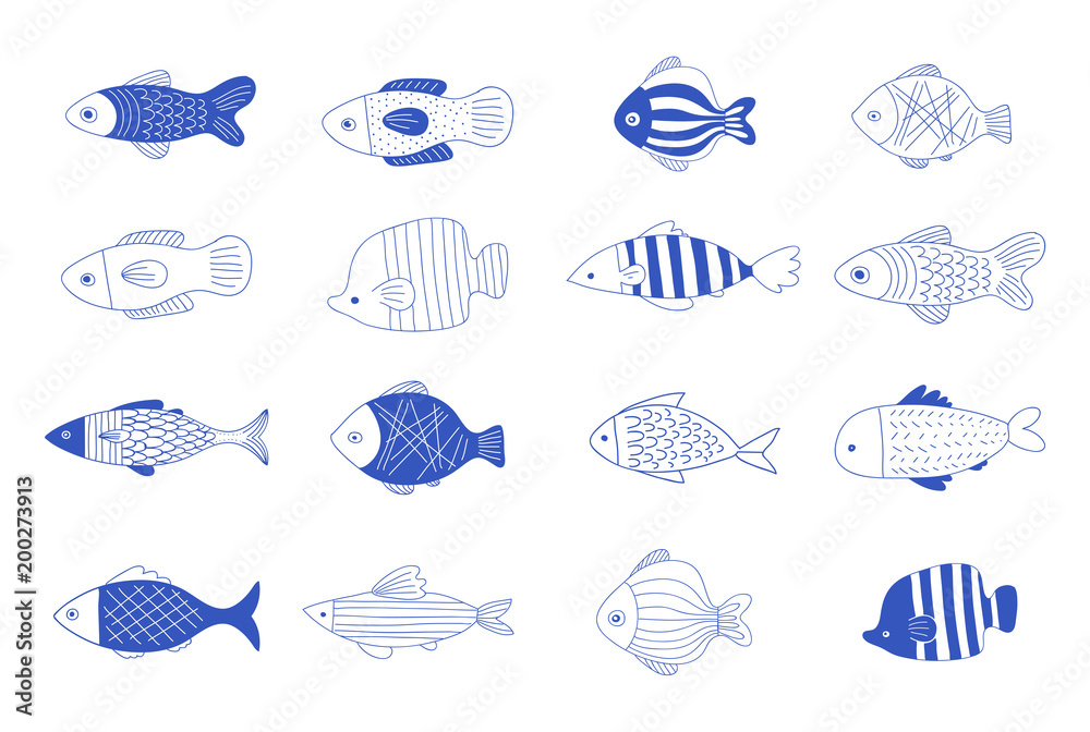 Simple, elegant and stylish collection of modern hand drawn fish illustrations, logos, design