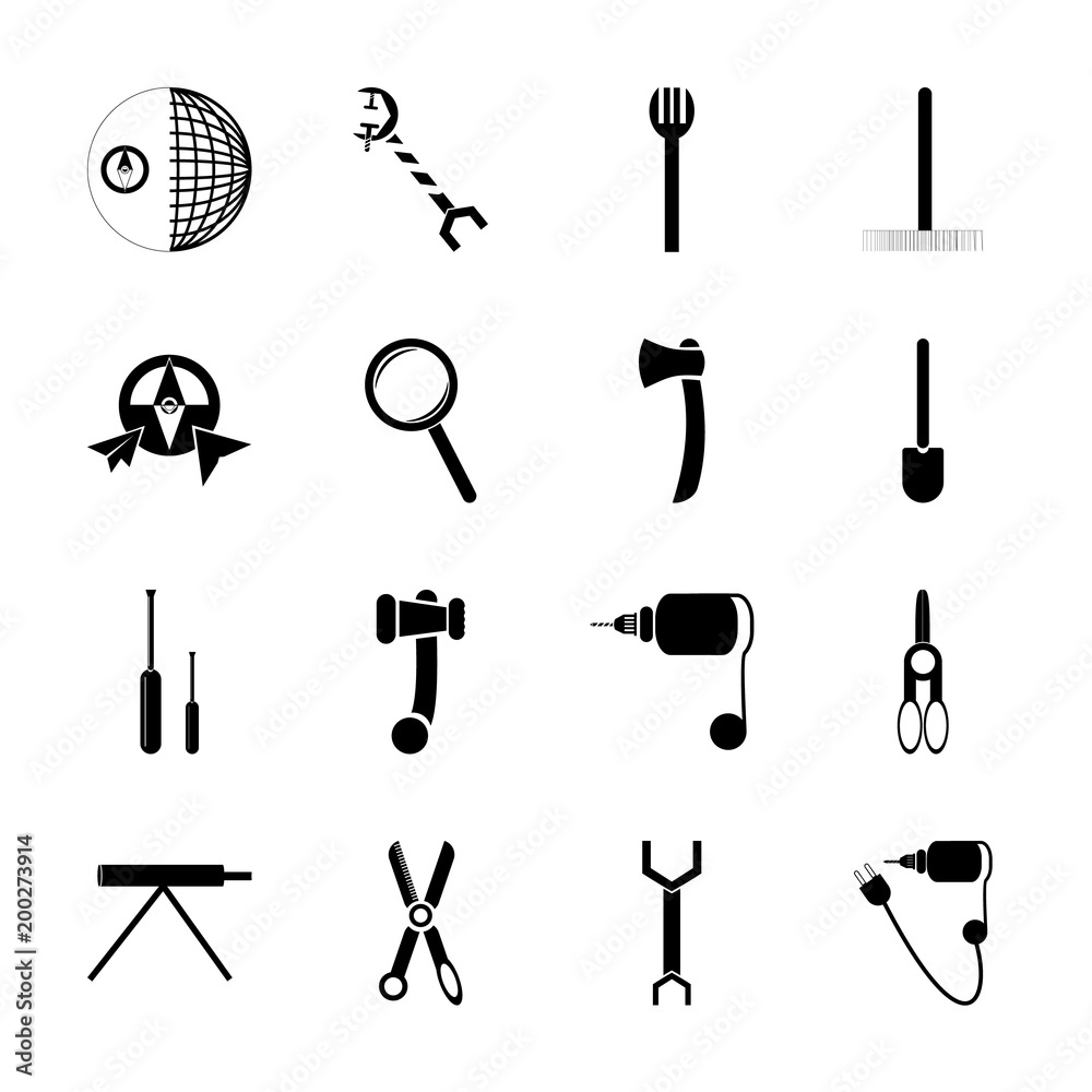 icon Instruments And Tools with dividing, loupe, world, hammer and torque