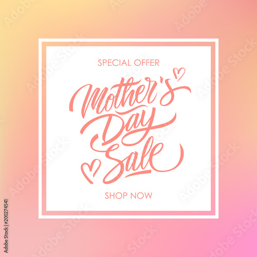 Mother's Day Sale special offer card for business, promotion and advertising. Calligraphic lettering text design on blurred background. Vector illustration.