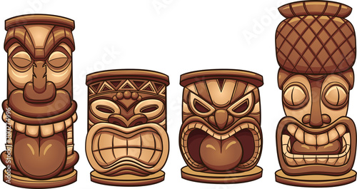 Cartoon tiki totems of different sizes. Vector clip art illustration with simple gradients. Each on a separate layer.