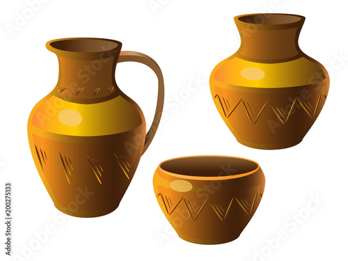 Pot. A set of pottery. Ethnic ceramics with ornament. Pottery.