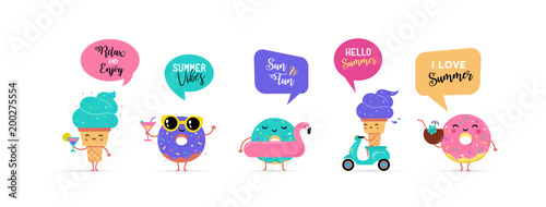 Sweet summer - cute ice cream, watermelon and donuts characters make fun