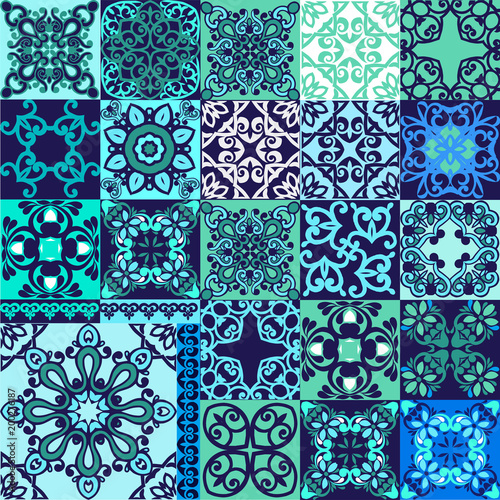 Vector set of Portuguese tiles. Collection seamless patchwork pattern tiles from Morocco, Portugal in blue colors.