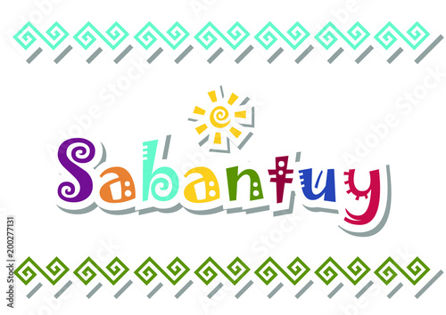 Lettering of Sabantuy with colorful letters and sun in paper cut style with shadows on white background decorated with ornament for national bashkir and tatar summer festival 