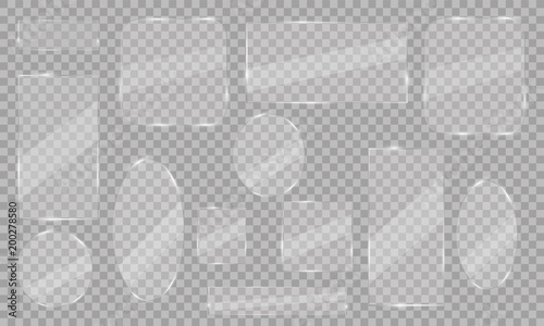 Glass plates set. Vector glass banners on transparent background. Glass mirror, transparent.