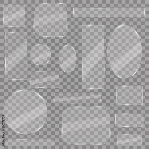 Glass plates set. Vector glass banners on transparent background. Glass mirror, transparent.