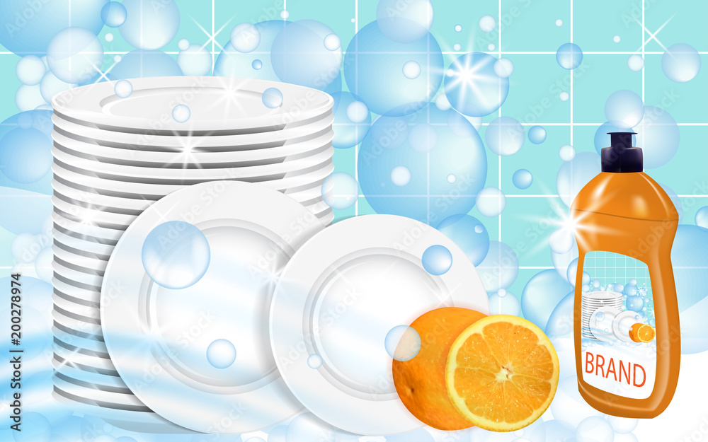 Orange Dishwashing liquid products with plates stack. Bottle label