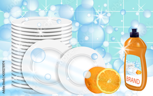 Orange Dishwashing liquid products with plates stack. Bottle label design. Dish wash advertisement poster layout. Vector