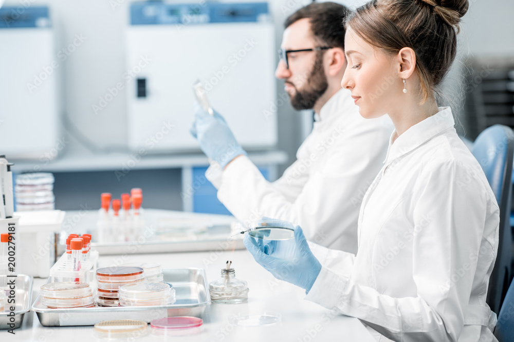 Couple of medics in uniform making bacteriological tests sitting in the modern laboratory Couple of medics in uniform making bacteriological tests sitting in the modern laboratory