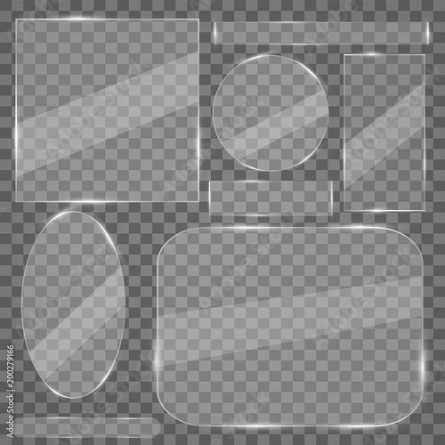 Glass plates set. Vector glass banners on transparent background. Glass mirror, transparent.